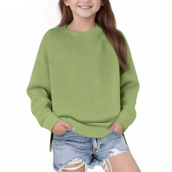 SROBPTY Girls Sweatshirts, Girls Solid Long Sleeve Crewneck Pullover Drop Shoulder Sweatshirts Top Green 13-14 Years