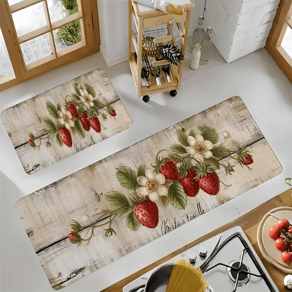 Strawberry Theme Kitchen Rug, Non-Slip Flannel Floor Mat for Indoor Outdoor Home, Office, Laundry, Bathroom Decor, Holiday Room Decoration, 0.47" Thick