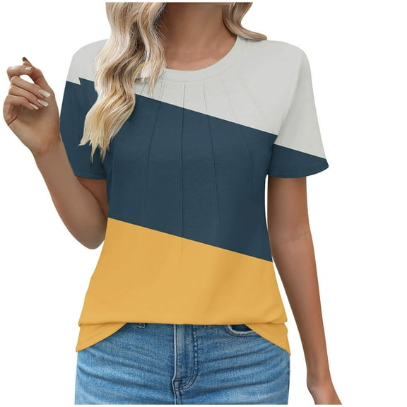 Annhoo Womens Plus Size Clothes Oversized Short Sleeve Color Block Tshirts Crew Neck Dressy Casual Blouse Summer Tops