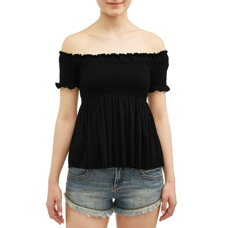 Off Shoulder Smock - Juniors' Smocked Off the Shoulder Peplum Blouse