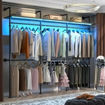 Aheaplus Industrial Pipe Clothing Rack, Reversible 118.3'' Clothes Rack for Hanging Clothes, Heavy Duty Garment Rack Closet Wardrobe Rack with LED Lights& Shelves, Walk-in Closet System, Black Oak