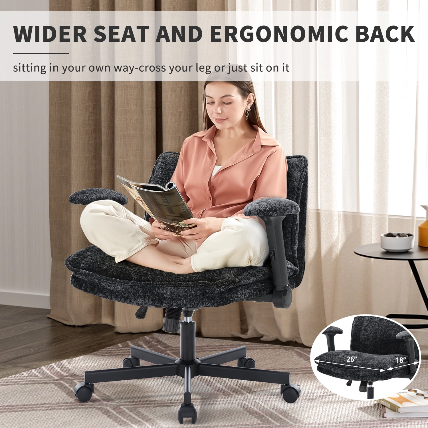 Criss Cross Chair with Wheels and Adjustable Flip-Arms, Cross Legged Office Chair with Thick Cushion, Wide Makeup Vanity Chair, Comfy Swivel Desk Chair for Home Office, Apartment, Bedroom, Black