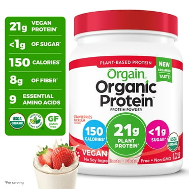 Orgain Organic Vegan 21g Protein Powder, Plant Based Shake Drink, Strawberries n Cream 1.02lb