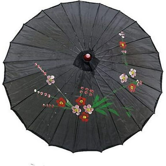 D13156 32" Inch Dia Black Floral Pattern Nylon Parasol Umbrella Decoration