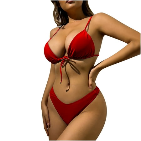 Women s Trendy Triangle Adjustable Straps Push-Up Padded Underwire Gathered High Waist Cheeky Brazilian Thong Bikini Swimsuit Two Piece Bathing Suits Red L