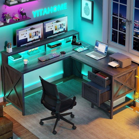L Shaped Desk with File Drawer , L Shaped Computer Desk with Power Outlets & LED Lights, Corner Desk Game Desk with Monitor Stand & Storage Shelves, Gray