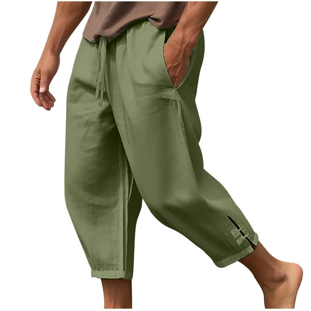 Pantalones de lino para hombre, largos, con cordón, bolsillos, cinturón elástico, rectos, lisos, para hombre