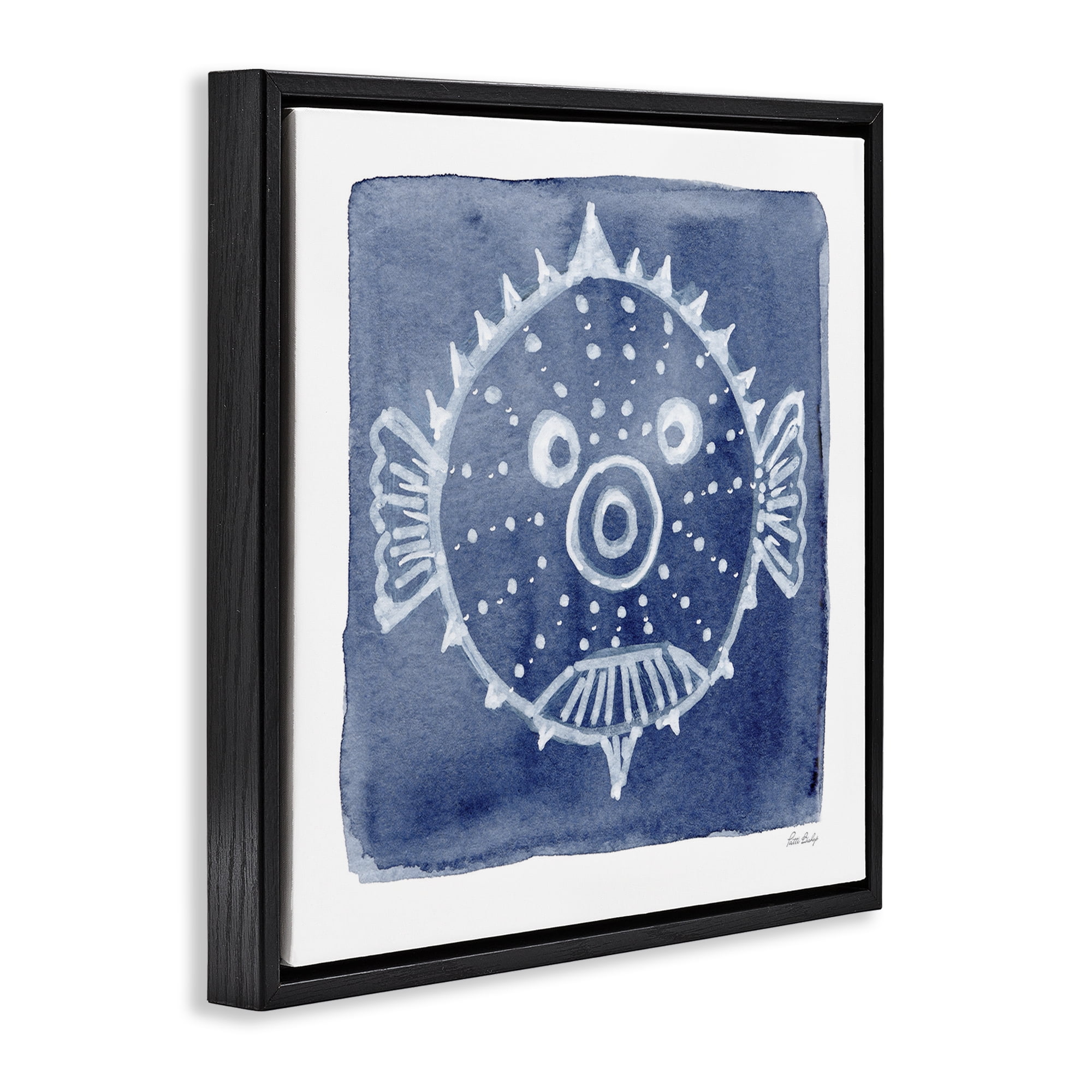 Stupell Industries White Blow Fish on Indigo Black Framed Floater Canvas Wall Art, design by Patti Bishop