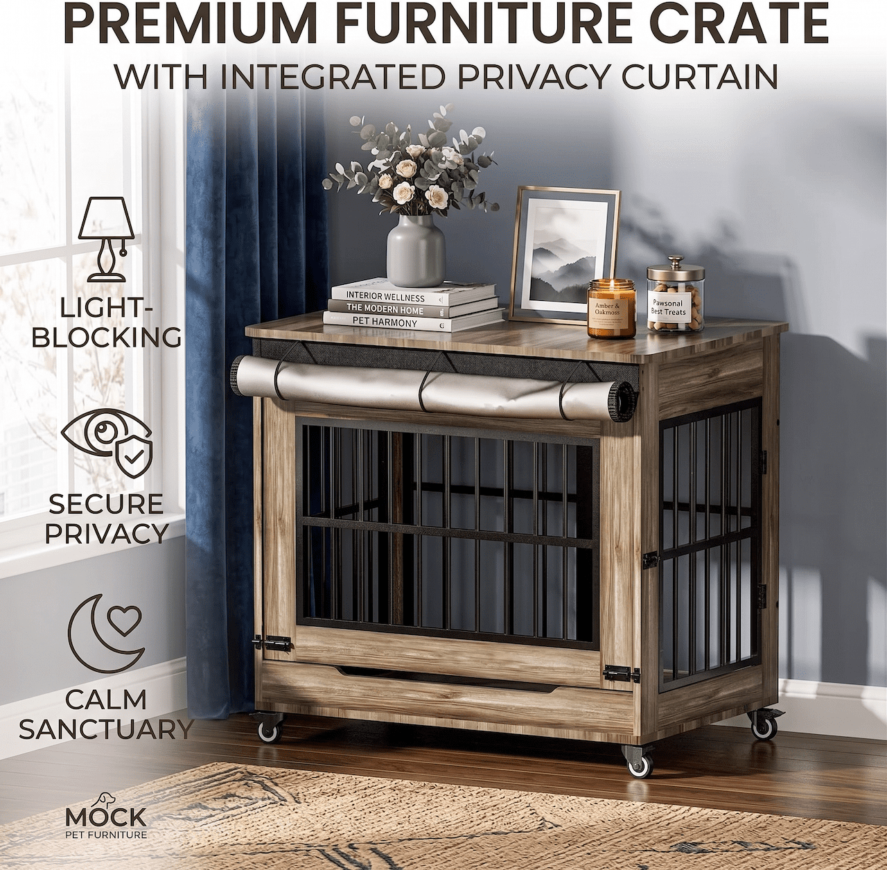 Xiweot 32" Dog Crate Furniture, Wooden Dog Kennel with Double Doors & Wheels, Indoor Pet Cage End Table for Small & Medium Dogs, Dog Kennel Furniture with Privacy Curtain, Size M, GREIGE