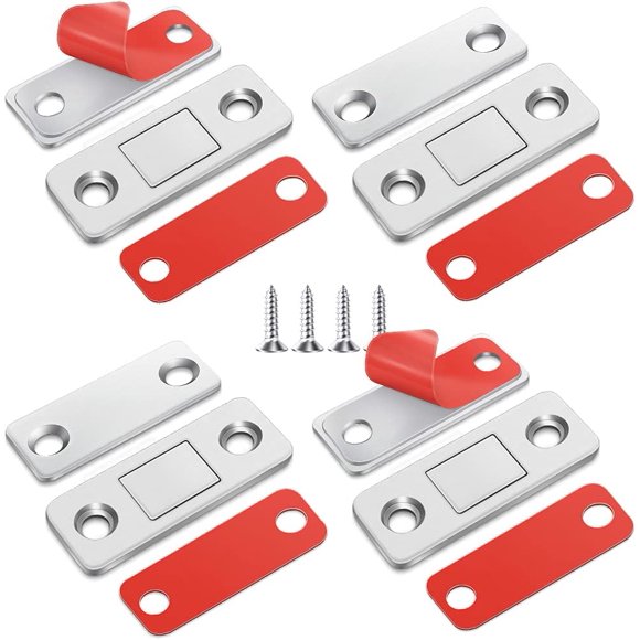 4 Pack Magnetic Door Catch, Ultra Thin Cabinet Magnets Stainless Steel Cabinet Door Magnetic Catch, Adhesive Cabinet Door Magnets for Kitchen Closet Drawer Magnetic Cabinet Latch