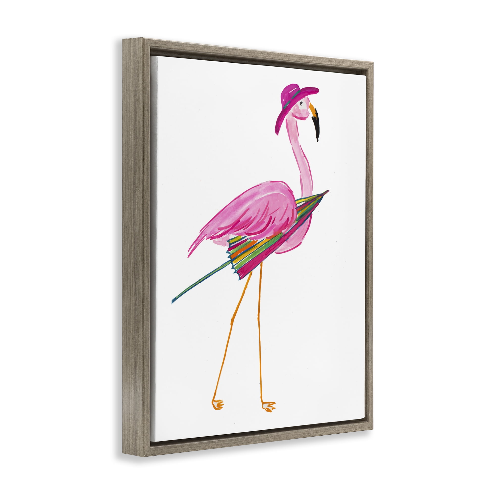 Stupell Industries Flamingo with Beach Umbrella Animals & Insects Painting Brown Floater Framed Canvas Art Print Wall Art, 17 x 21