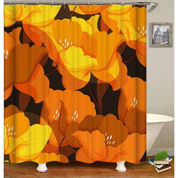 Rideau de Douche à Fleurs Dorées en Floraison - 72"x72 Pouces Fleurs Fraîches Rétro Françaises Déco de Bain Élégante Tissu Polyester avec 12 Crochets Ajoute une Touche de Romantisme