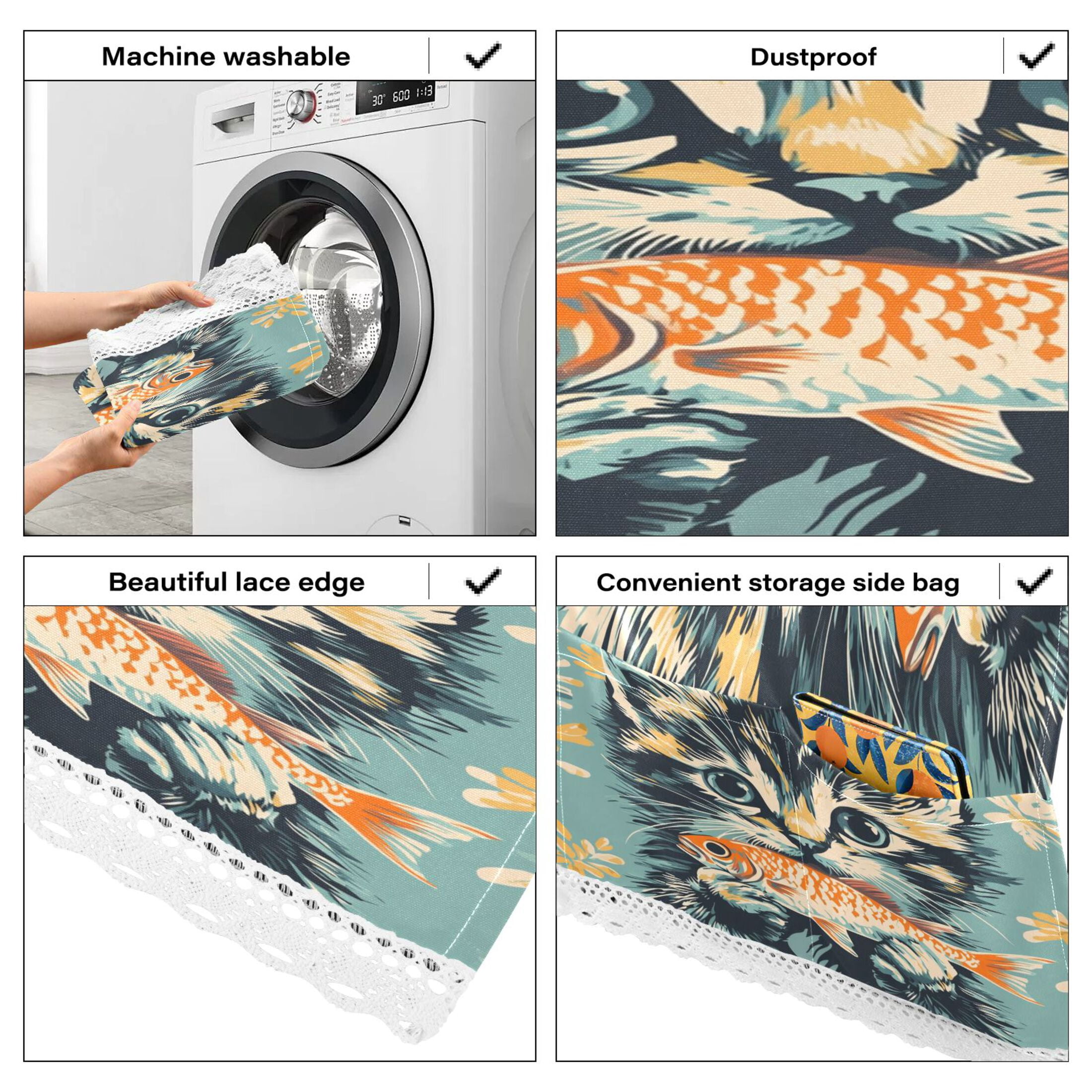 Cute Three-flowered CatWasher and Dryer Covers Dust-Proof and Oil Resistant Fridge Cover with 4 Storage Pockets Washing Machine Top Cover for Laundry Kitchen Home 51.2 x 22 In