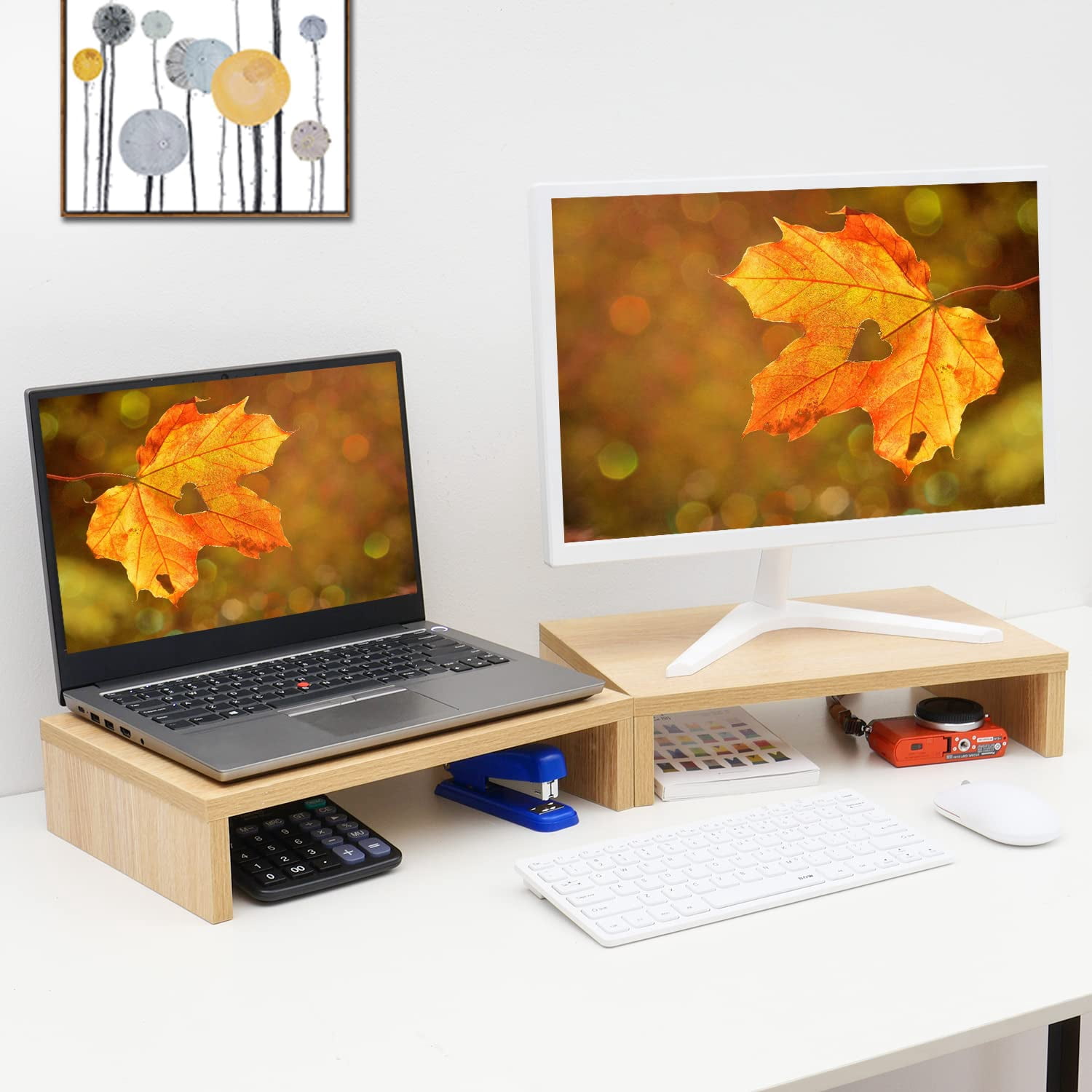 Wood Monitor Stand Riser - 2 Pack Adjustable Dual For Laptop/pc