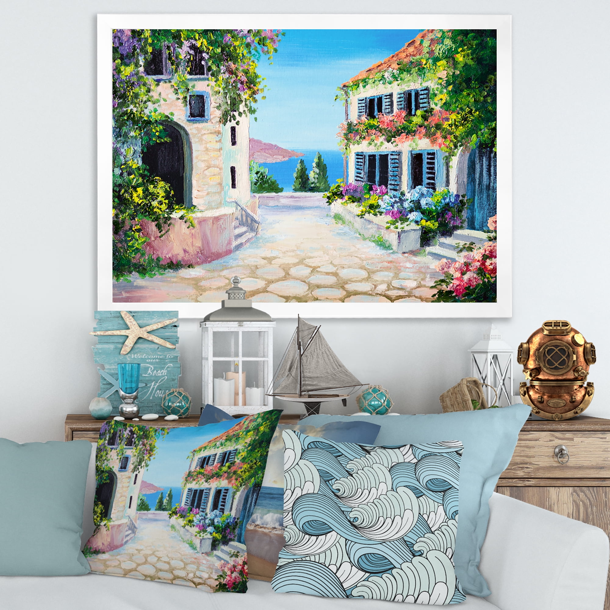 Designart 'Blossoming Flowers With White Houses With Near The Sea' Nautical & Coastal Framed Art Print