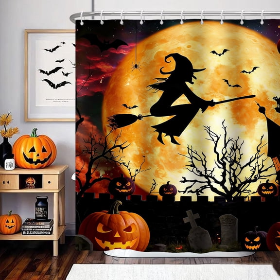 MIZHONA Halloween Witch Shower Curtain For Bathroom Decor Spooky Pumpkins and Moon Night Fabric Bathroom Curtain 72x72 in