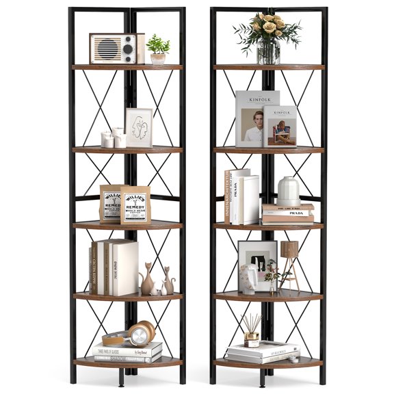 Gymax 2 PCS 5-tier Corner Display Rack Corner Ladder Bookshelf w/ Sturdy Metal Frame Brown & Black
