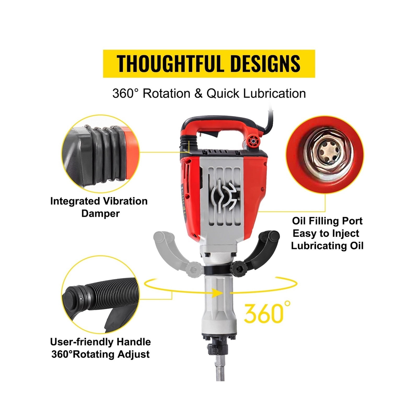 Demolition Jack Hammer 3800W Multifunctional Rotary Hammer With Box Concrete Ground Breaking Electric Hammer Tool Impact Drill For Trenching, Chipping, Breaking Holes ,Efficient and Reliable