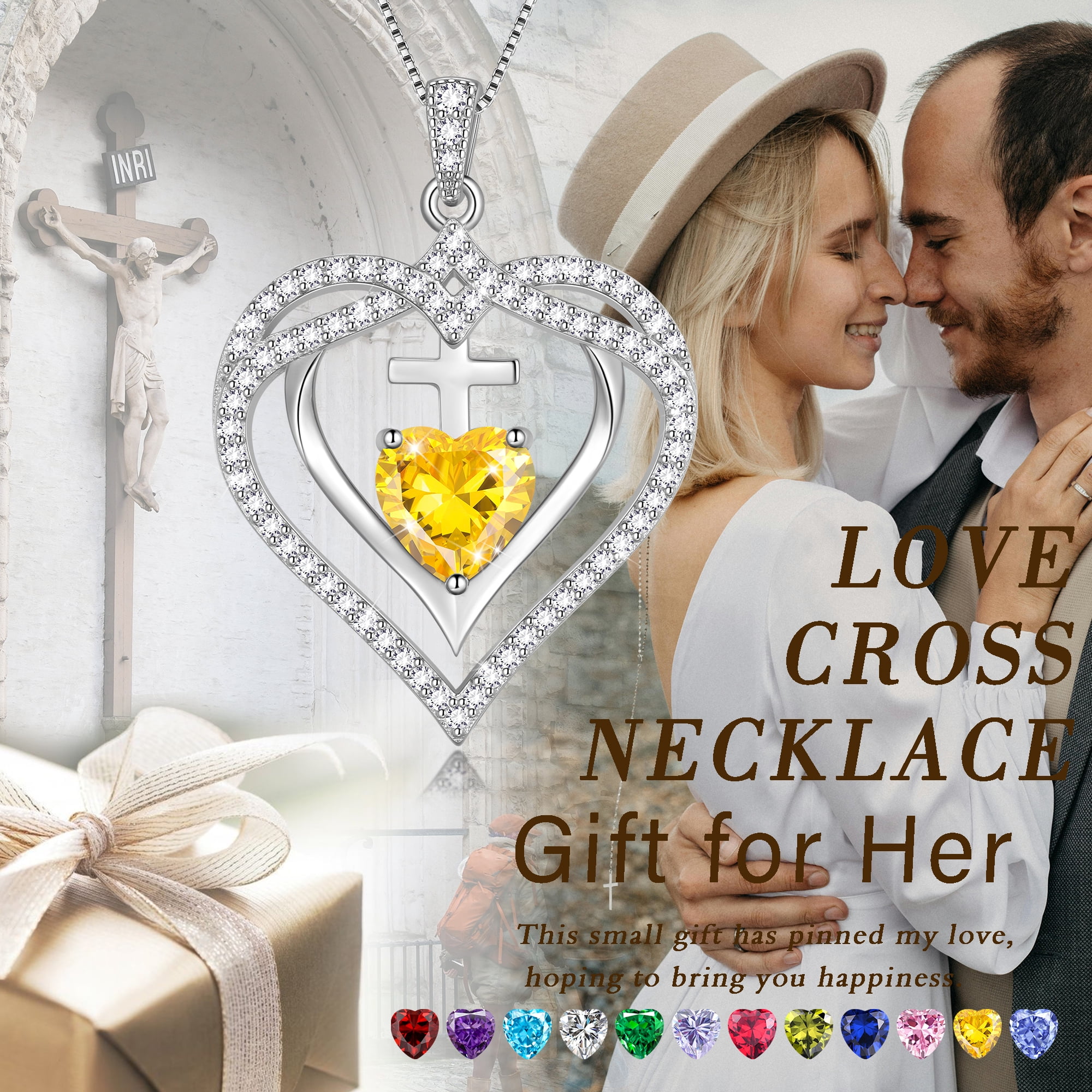 Beautlace 925 Sterling Silver Cross Necklace,November Birthstone Heart Pendant Necklace Jewelry Birthday Christmas Mothers Day Gifts for Women Mom