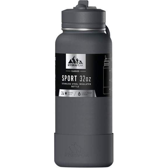 Hydrapeak 32oz Sport Insulated Water Bottle with Straw Lid, Leak & Spill Proof, Keeps Drinks Cold for 24 Hours, Hot for 12 Hours (Grey Matter)