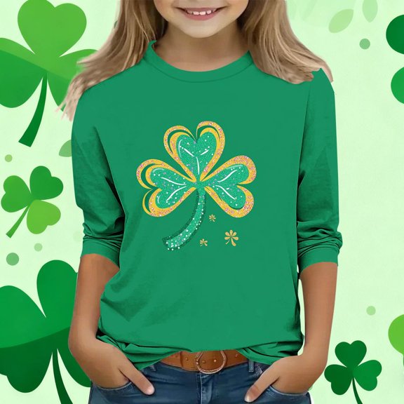 St. Patrick's Day Shirt for Girls Long Sleeve Green Glitter Shamrock Print Kids Holiday Party Top Ages 4-12,Size 5-6T