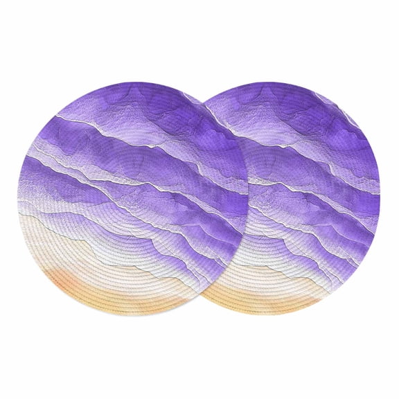 Purple Beach Coastal Round 13 Inch Placemats Set of 2, Summer Nautical Seaside Ocean Ombre HeatResistant Non Slip Place Mats for Dining Table, Wipeable Braided Kitchen Table Mats for Housewarming