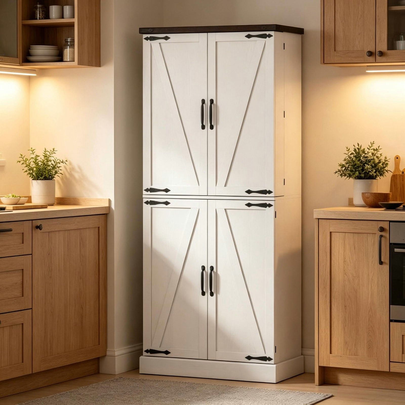 Farmhouse Style Storage Cabinet with Side Rack, Home Bar Sideboard Organizer, Kitchen Pantry Cabinet with Adjustable Shelf