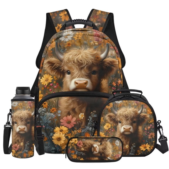 XYZCANDO Highland Cow Floral School Backpack Set 4Pcs with Portable Lunch Bag Multifunctional Pencil Case Water Bottle Bag Carrier Suitable for Elementary Middle School