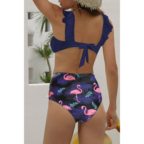 POGLIP Women's Blue Ruffle Bikini Top Printed Panty Swimsuit