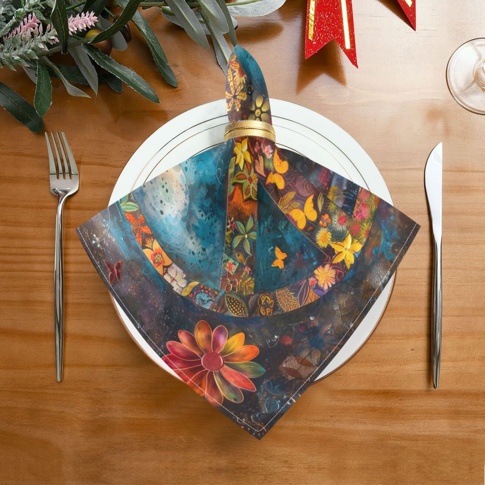 JSTEL Colorful Peace Sign Flower Cloth Napkins Set of 6, 20x20 Inch Washable and Reusable Napkin for Decoupage Dinner Party Everyday Use