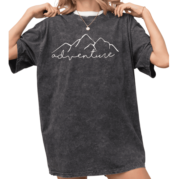 UNISHE Women's "Adventure" Mountain Line Art Vintage Washed T-Shirt Short Sleeve Distressed Relaxed Fit Tee