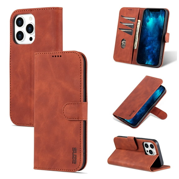 Premium Wallet Case for iPhone 14 Pro, Luxury PU Leather Flip Folio Cover with Card Slots Holder + Kickstand + Magnetic Clasp Glossy Case Soft Silicone Shockproof Protection Case, Brown