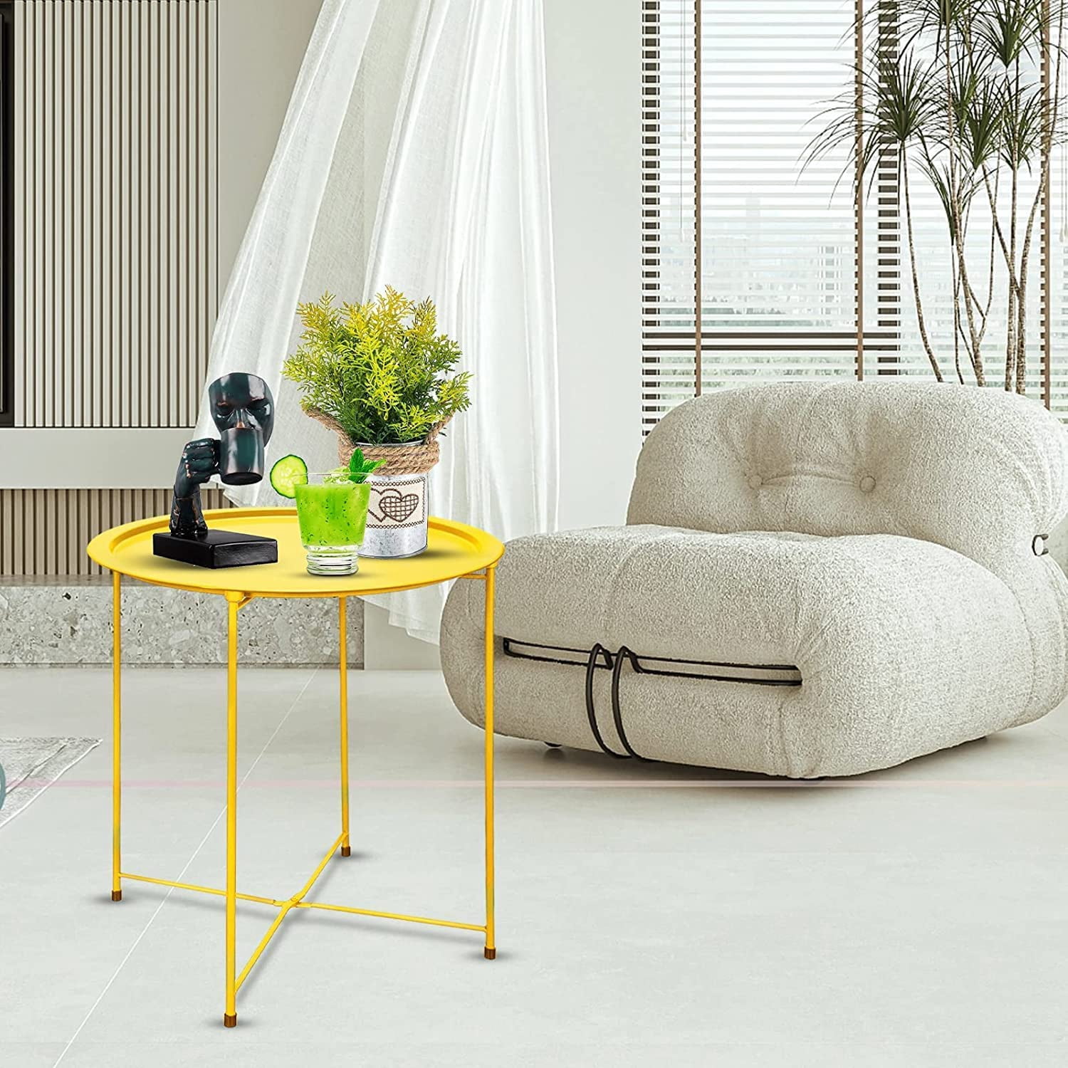 Folding Tray Metal Side Table Yellow Round End Table Cyan Sofa Small Accent Fold-able Table, Round End Table Tray, Next to Sofa Table, Snack Table for Living Room and Bed Room