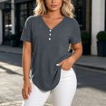 thumbnail image 4 of Women's Short Sleeve Curved Hem Shirts Summer Oversized V-Neck Button Down T-Shirt Casual Plain Daily Wear Tops Gray, 4 of 6