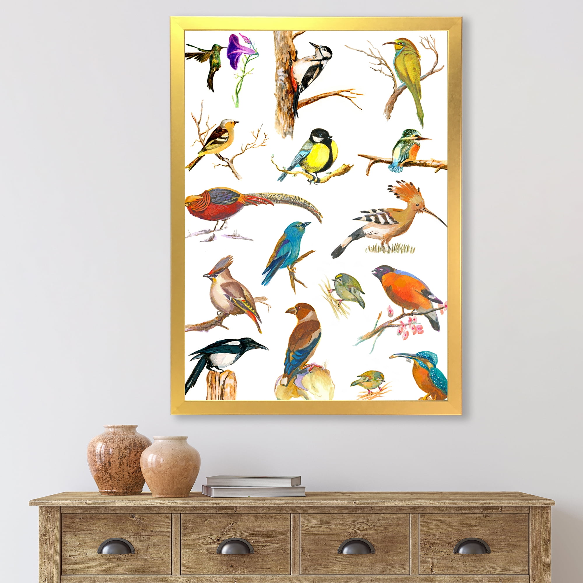 Designart 'Vital Colored Birds Plancard' Traditional Framed Art Print
