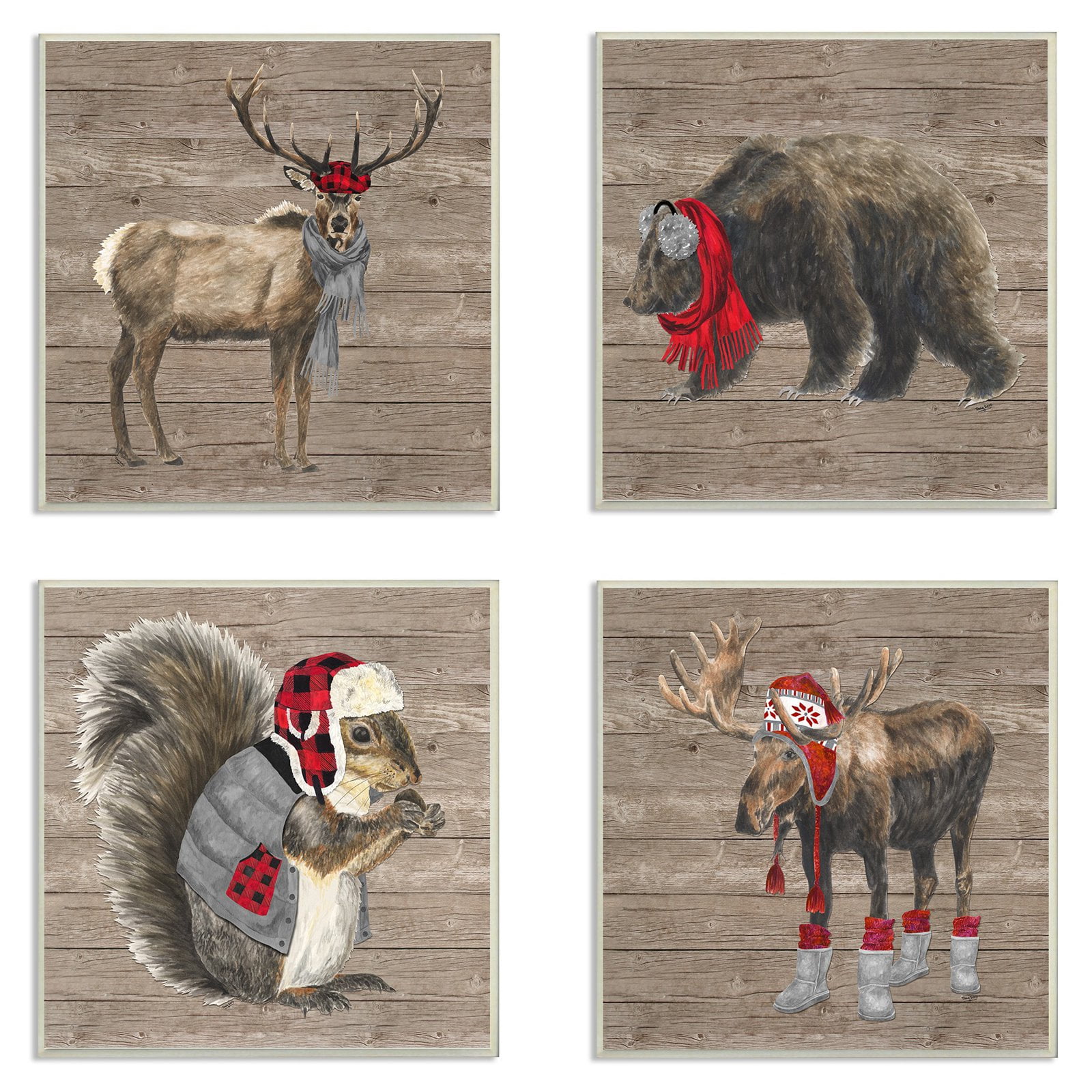The Stupell Home Decor Collection Wilderness Cold Stylish Animals in Buffalo Plaid 4pc Wall Plaque Art Set, 12 x 0.5 x 12