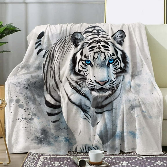 Vintage White Tiger Print Flannel Throw Blanket Soft Cozy Lightweight Digital Print Knit with All-Season Comfort for Sofa Bed Office Camping Travel