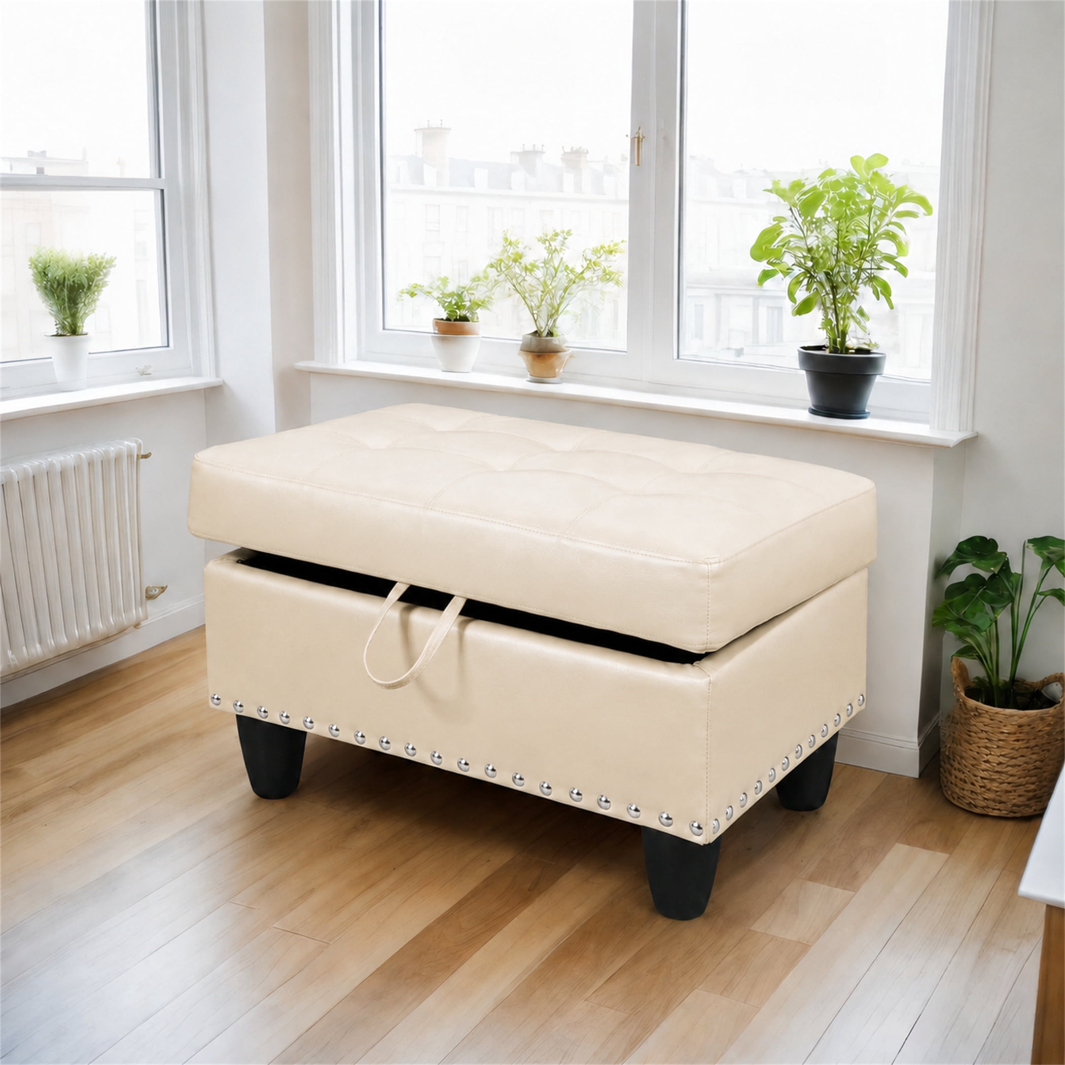 Aukfa 29" Storage Ottoman Bench for Sectional Sofa for Home Office, Nailhead Trim&Lift Top, Leather, White