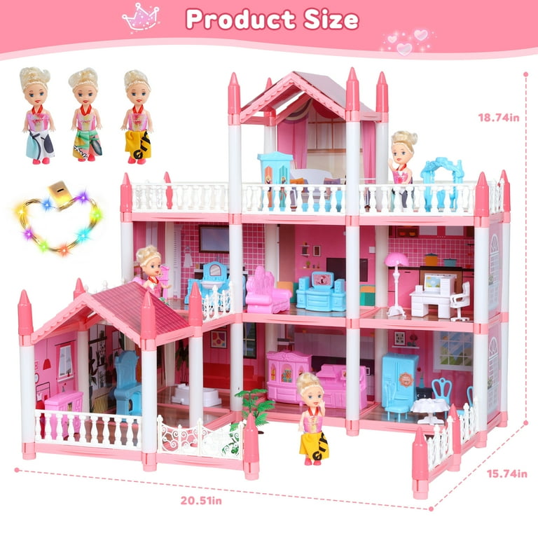 JoyStone DollHouse with Colorful Light Pretend Play Toddler Doll House Furniture Sets with 3 Dolls 9 Rooms DIY Dreamhouse Creative Gift for Girls