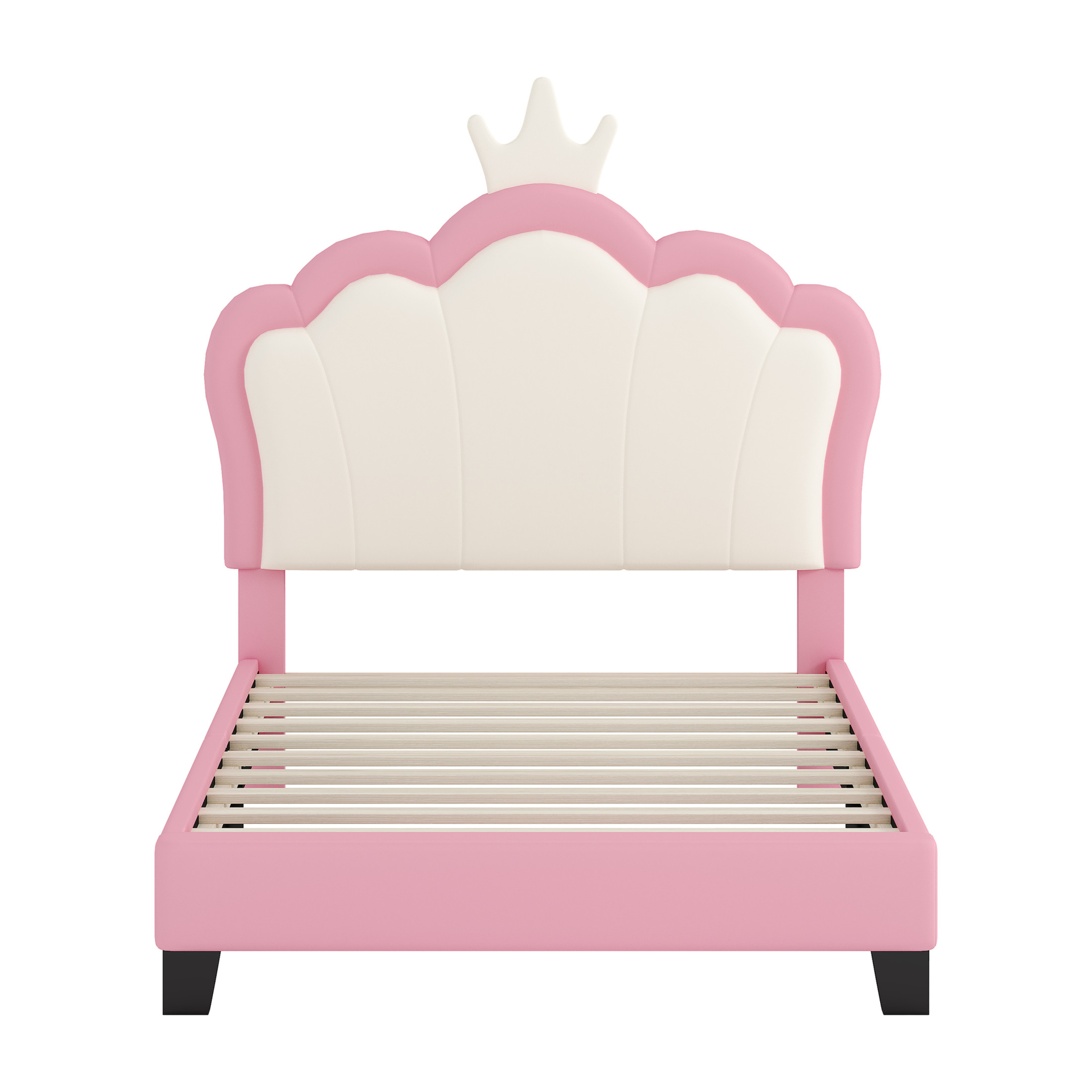 Noble House Twin Size Upholstered Princess Bed with Crown Headboard, Fairy-Tale Platform Bed, Cream + Pink