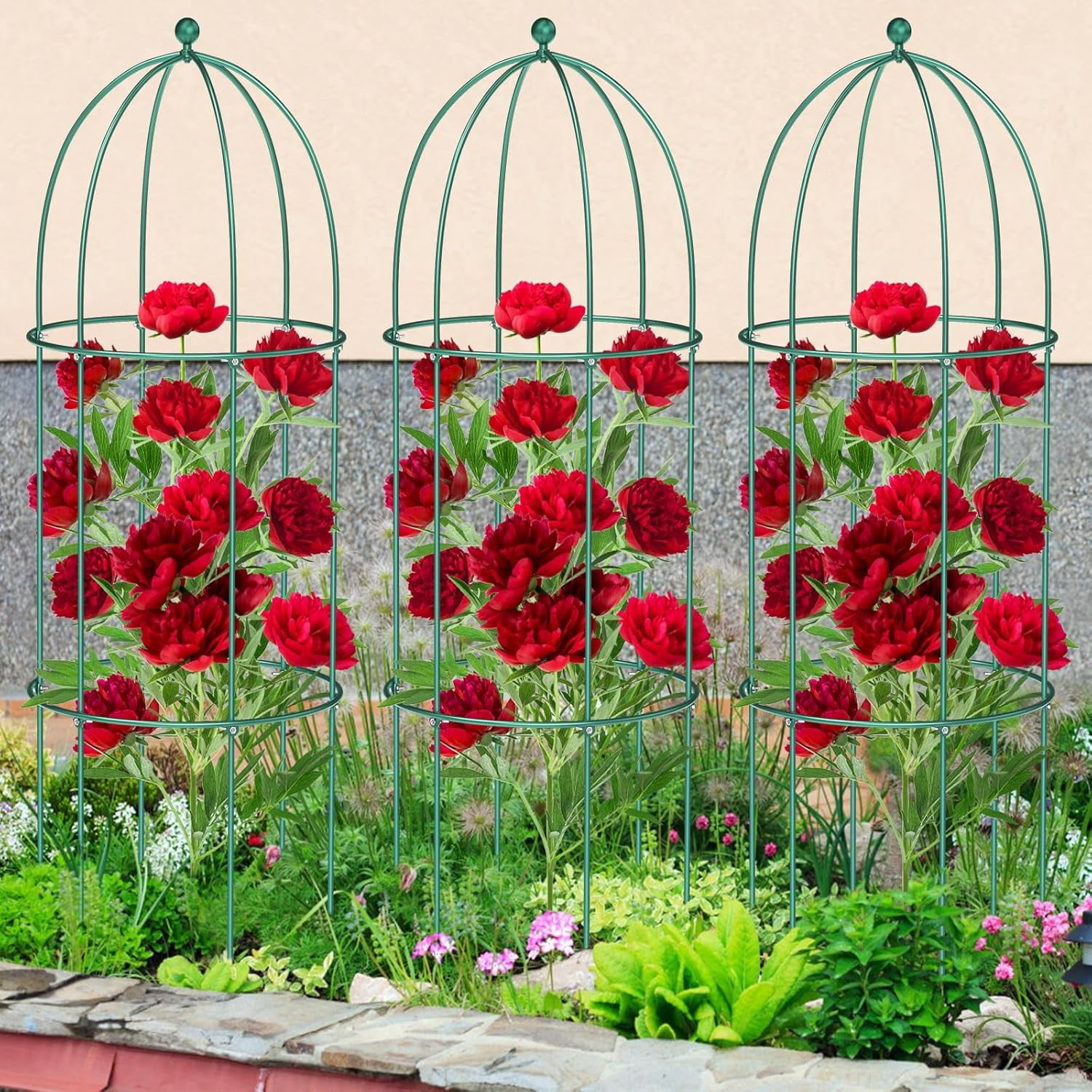 FICISOG 3 Pack Metal Plant Cage Support, 31.5" H Peony Support Tomato Cage Garden Obelisk Trellis Supports Tower Obelisk Garden Trellis for Clematis Vine Jasmine Outdoor Indoor