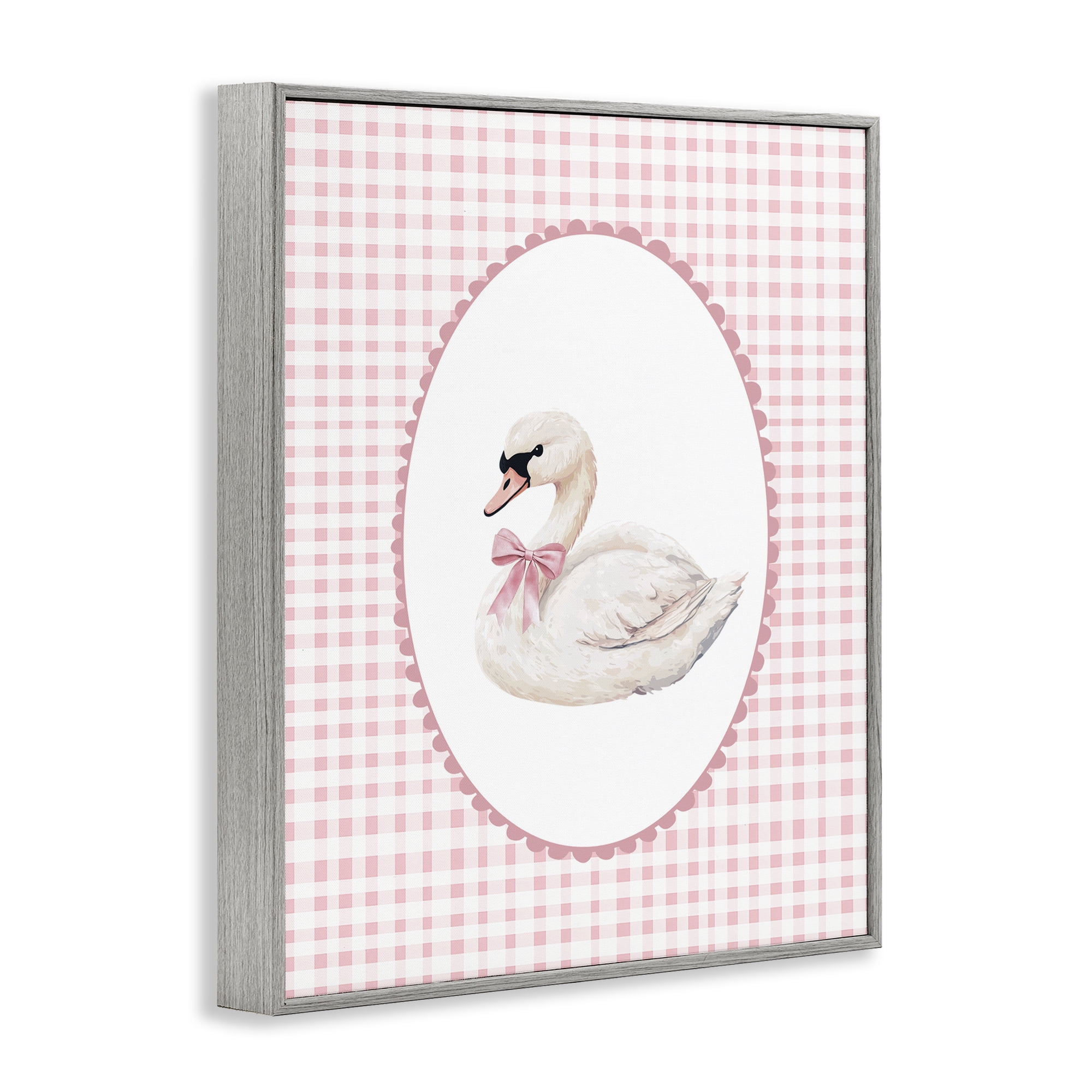Gentle Swan on Pink Checkered Gray Framed Giclee Art, design by Christine Simpson Art