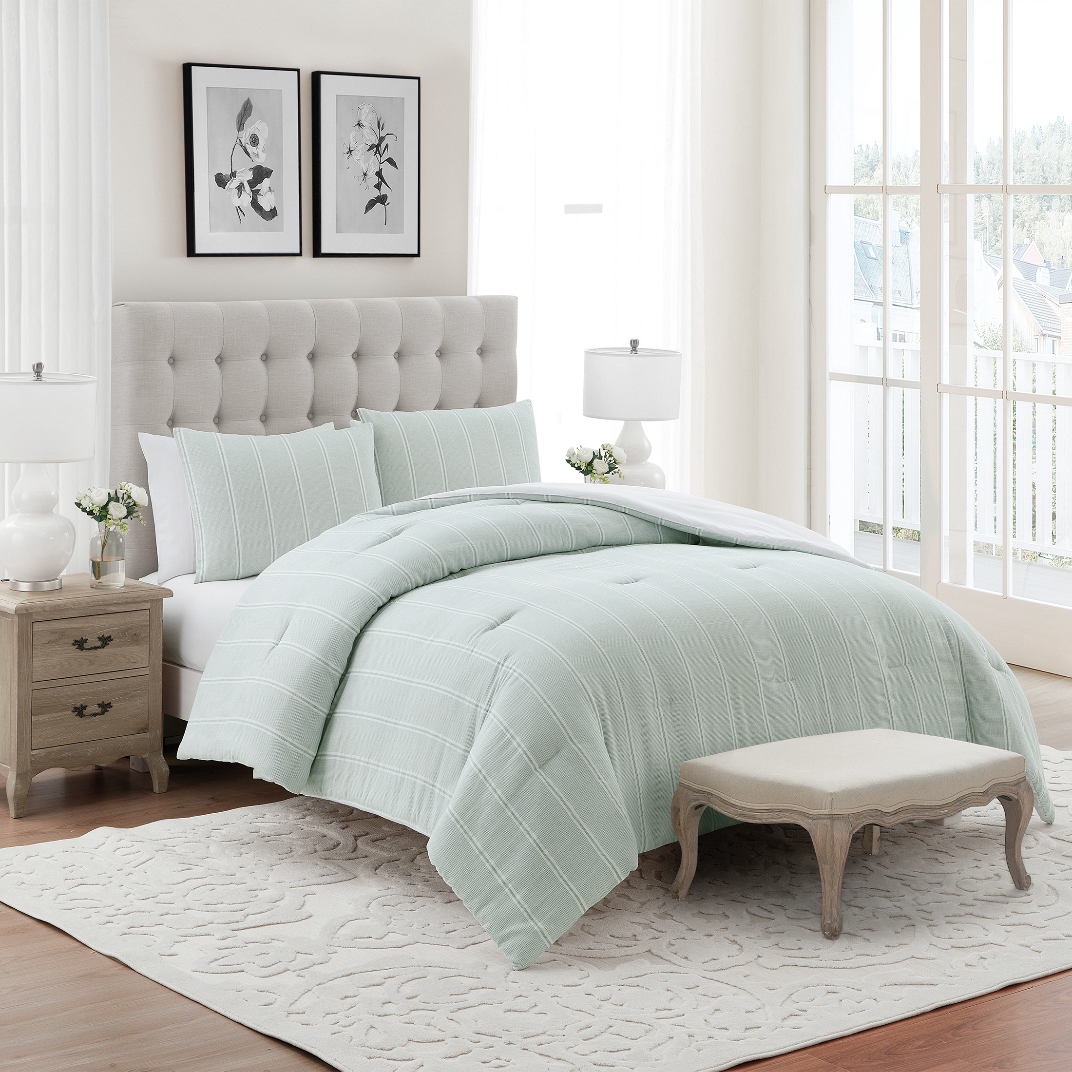My Texas House Miray 3-Piece Green Stripe Cotton Jacquard Comforter Set, Full/Queen