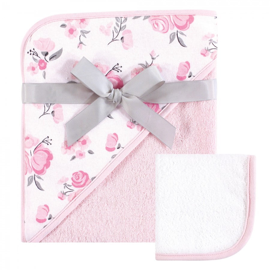 Hudson Baby Infant Girl Cotton Hooded Towel and Washcloth 2pc Set, Pink
