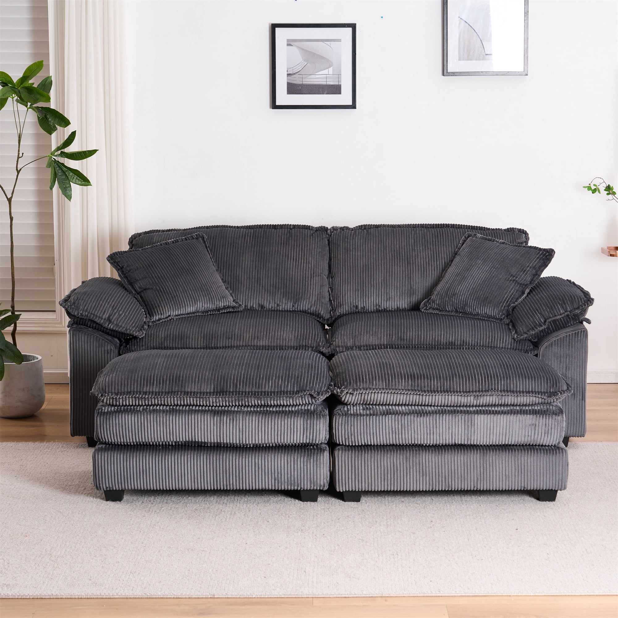 Aukfa Modular Sectional Couch Deep Seat Loveseat Sofa with 2 Ottoman for Living Room, 6 Pillows, Corduroy, Gray