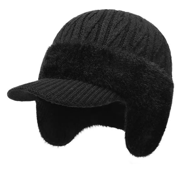 Willtoo Winter Beanie with Brim Ear Flaps for Men Women, Warm Fleece Lined Knit Hat Stocking Caps for for The Cold Weather Black