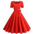 thumbnail image 2 of Cavosen 1950s Dresses for Women Solid Color Short Sleeve Dresses Vintage Knee Tea Dress Midi A Line Dress Square Neck Party Dress Evening Prom Gown Bowknot Belt Cocktail Fit and Flare Dress, 2 of 9
