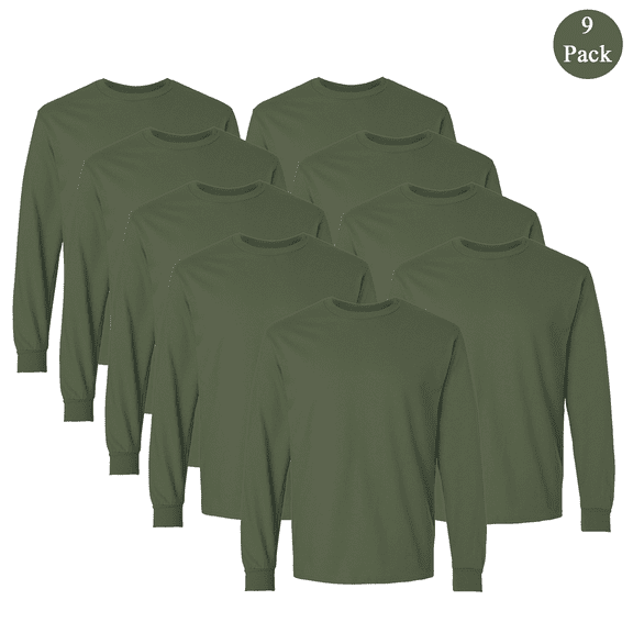 Gildan Ultra Cotton Men's Long Sleeve T-Shirt, Crew Neck Military Green Classic Fit Tee, 9-Pack, 2XL