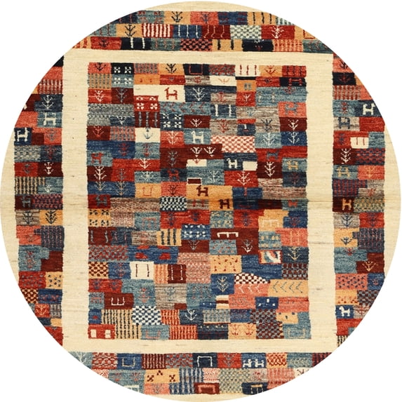 Ahgly Company Machine Washable Indoor Round Contemporary Brown Red Area Rugs, 4' Round