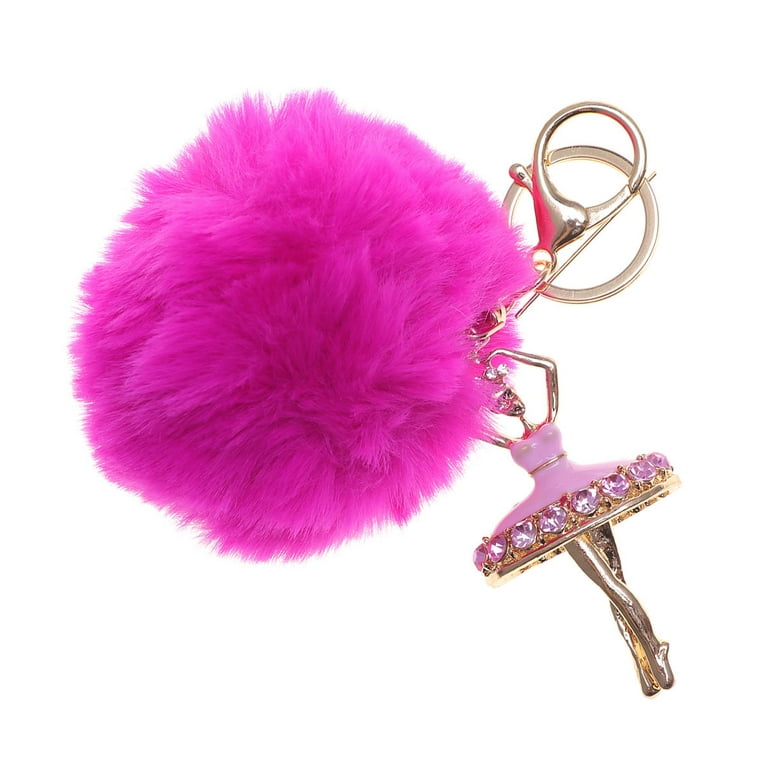 Lovely Crystal Ballet Girl Keychains Dancing Angel Fluffy Puff Ball Pendant  Fur Key Chain Car Styling Bag Jewelry Pompom Keyring (Rose Red)